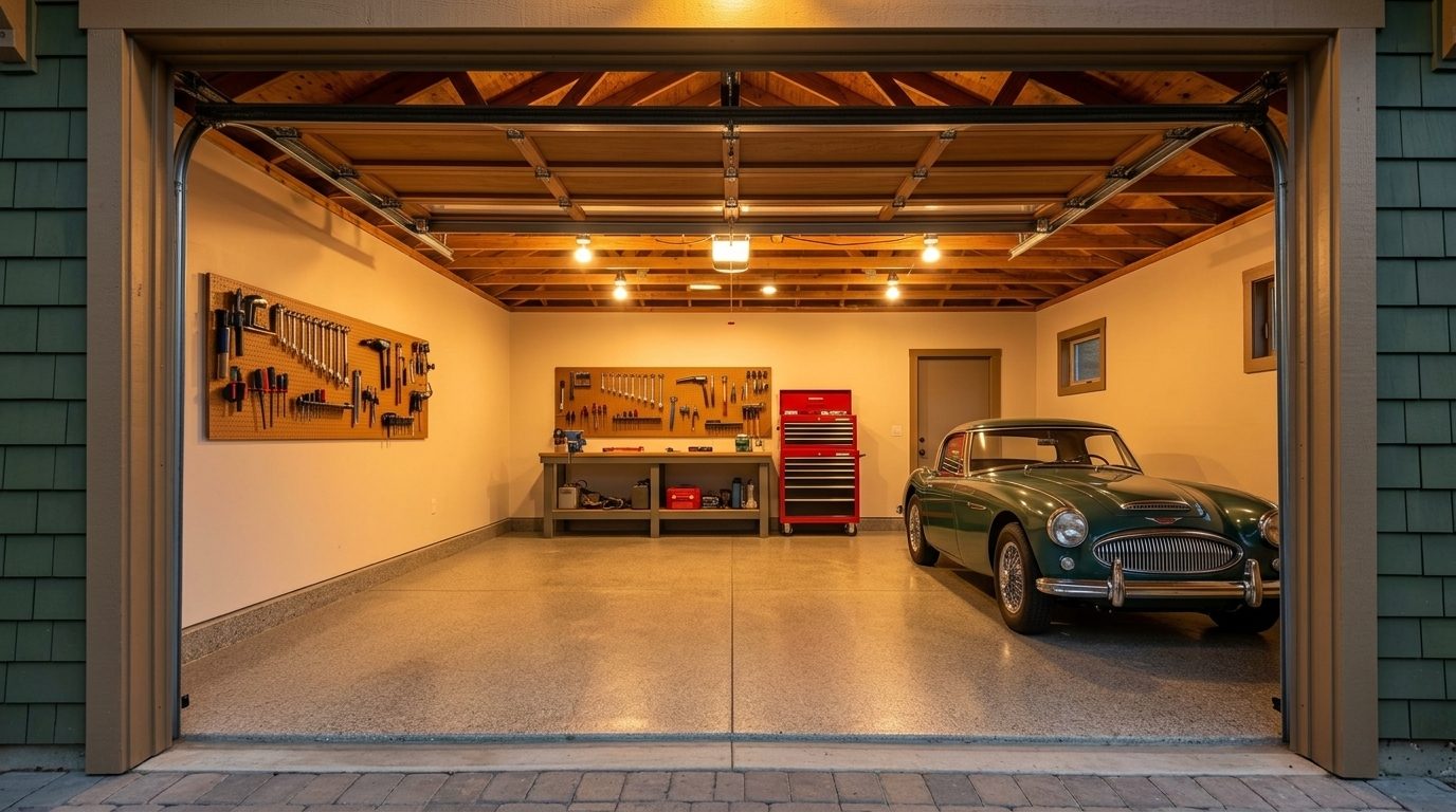 Norman Garage Door Services Interior View of Custom Garage Door Overhead and Workshop